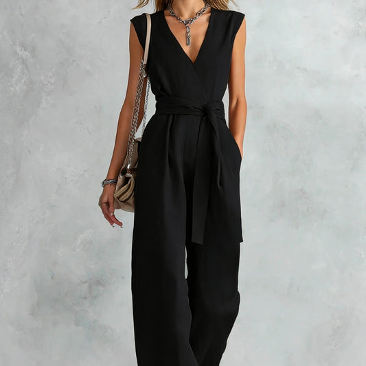 Women's Fashion New cross border V-Neck Wide-Leg Sleeveless Belted Women's Jumpsuit - Black / 2XL