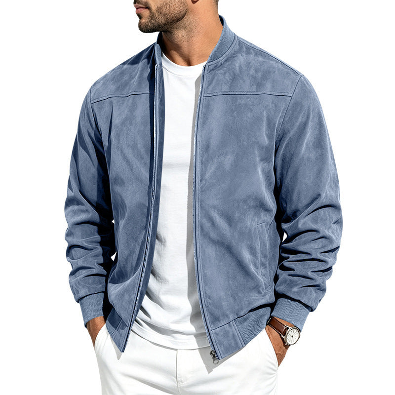 Suede Long-sleeve Zip-up Jacket - Light Blue / 2XL