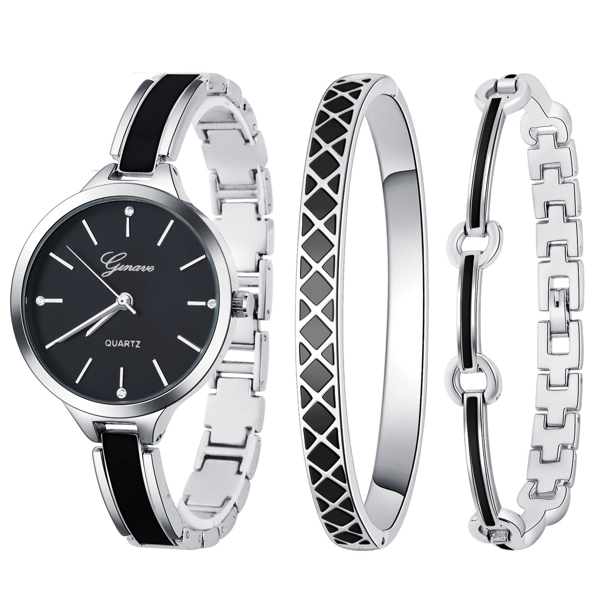 Quartz watch bracelet women's three-pieces - Silver Black