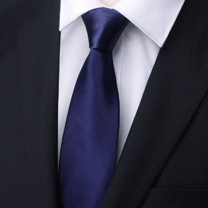 Mens Business Formal Zipper Tie With Blue Stripes - Glossy Navy Blue