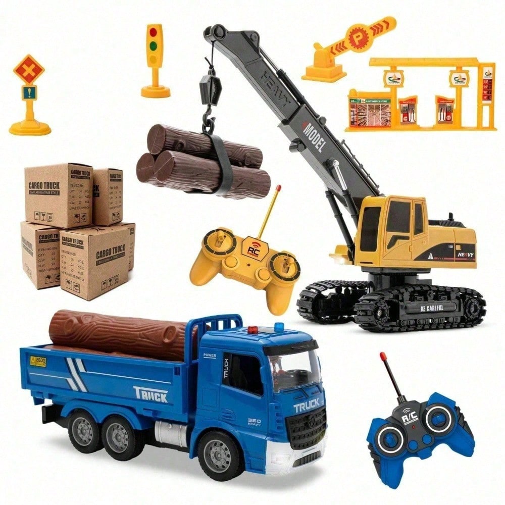 2-in-1 RC Crane and Timber Truck Set with LED Lights - 689 838A
