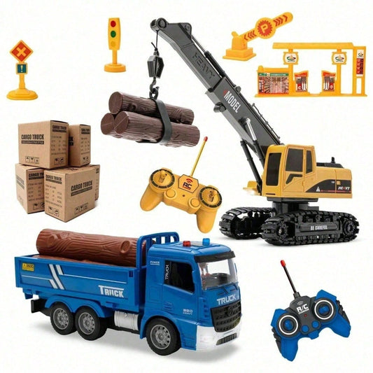 2-in-1 RC Crane and Timber Truck Set with LED Lights - 689 838A