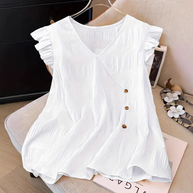 Solid-color V-neck Ruffled Short-sleeve Women T-shirt - White / 1XL