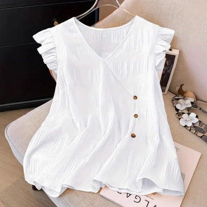 Solid-color V-neck Ruffled Short-sleeve Women T-shirt - White / 1XL