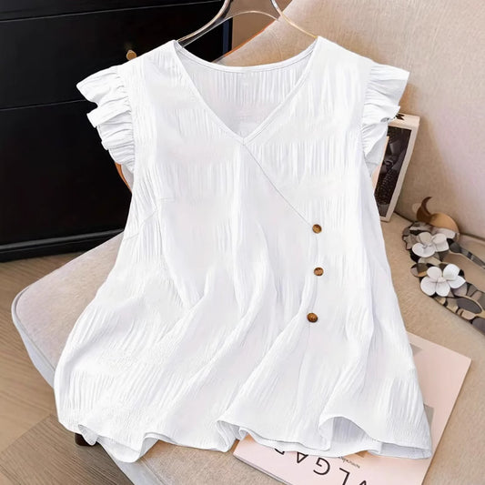 Solid-color V-neck Ruffled Short-sleeve Women T-shirt - White / 1XL