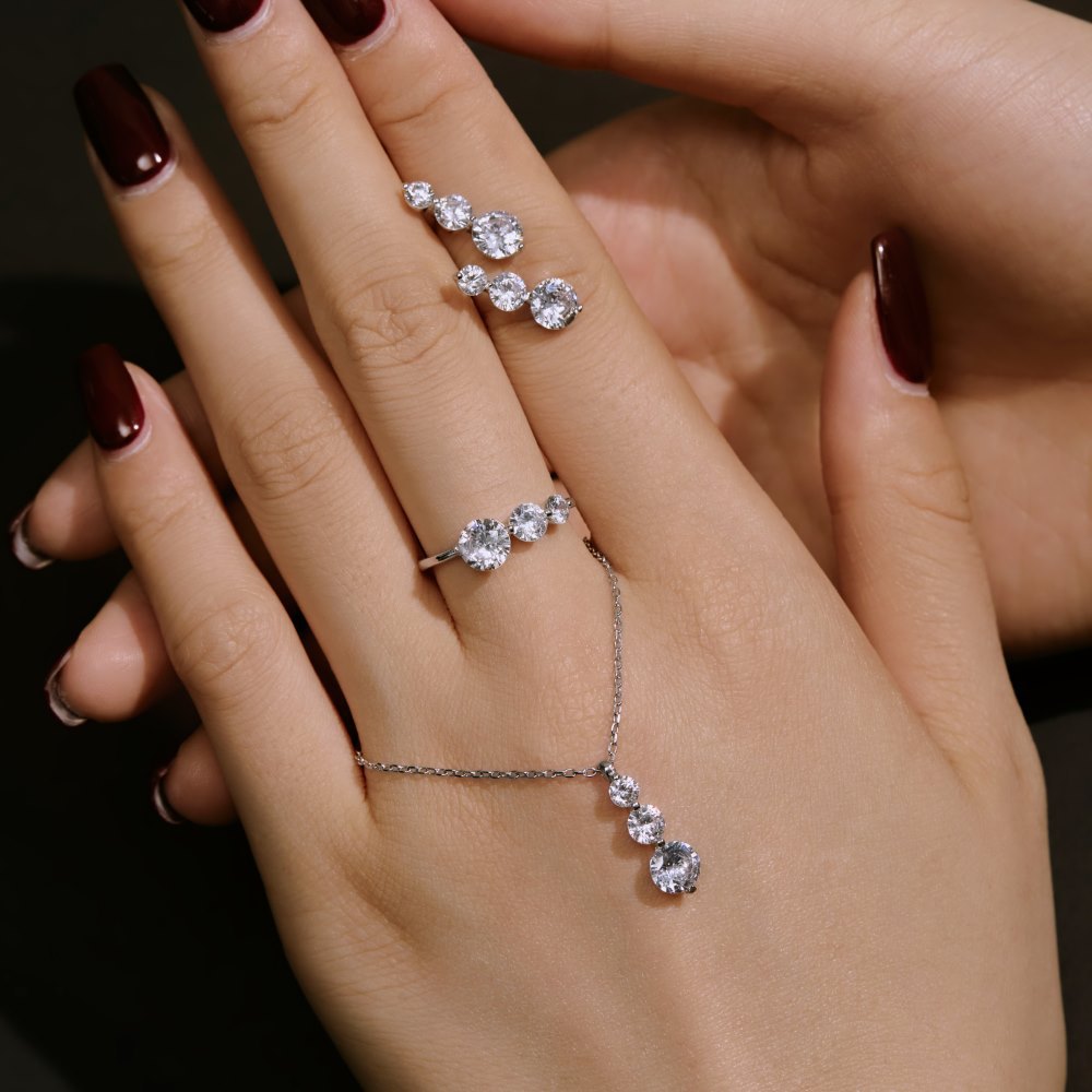 Sterling Silver Round Zircon Ring Necklace And Earring Set - DY190599 S W WH / 925 Silver