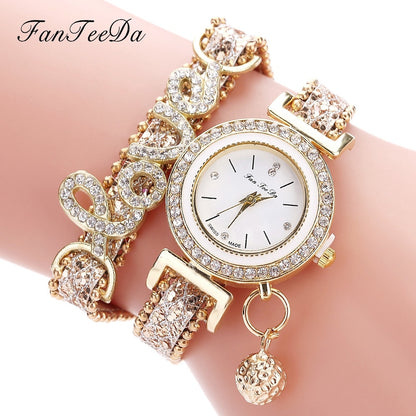 Women Bracelet Ladies Watch Diamond stones Clock Gift - Gold