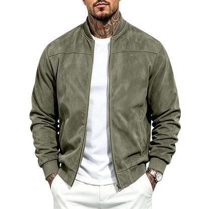 Suede Long-sleeve Zip-up Jacket - Army Green / 2XL