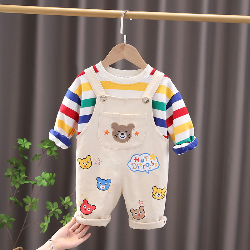Boys' Plaid Shirt and Overalls 2-Piece Cotton Suit Set - Beige / 100cm