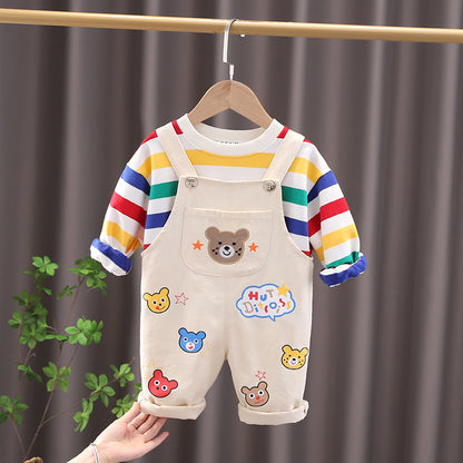Boys' Plaid Shirt and Overalls 2-Piece Cotton Suit Set - Beige / 100cm