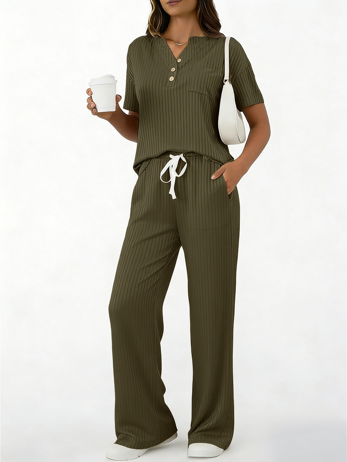 American Style Casual Ribbed Knit Two-piece Women set - Army Green / L