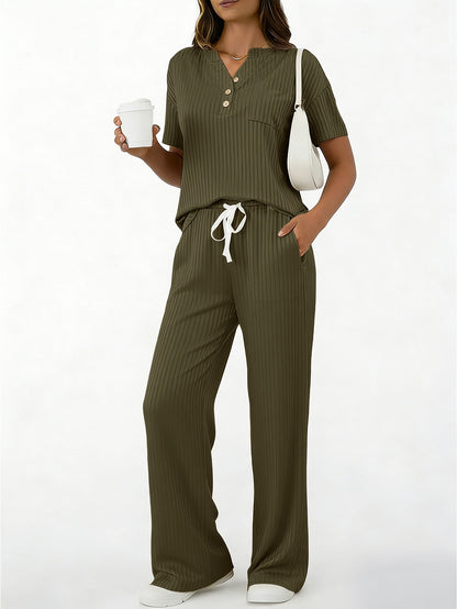 American Style Casual Ribbed Knit Two-piece Women set - Army Green / L