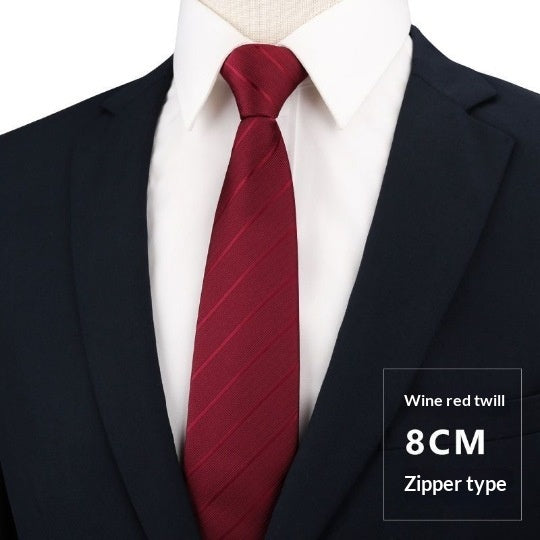 Mens Business Formal Zipper Tie With Blue Stripes - Wine Red Thick Stripes