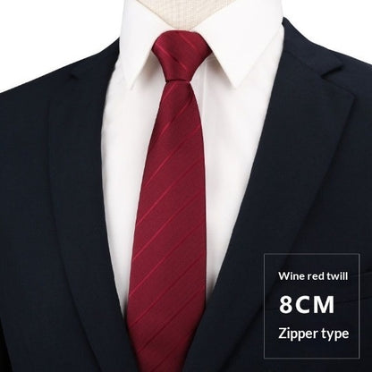 Mens Business Formal Zipper Tie With Blue Stripes - Wine Red Thick Stripes
