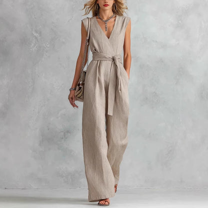 Women's Fashion New cross border V-Neck Wide-Leg Sleeveless Belted Women's Jumpsuit - Khaki / 2XL