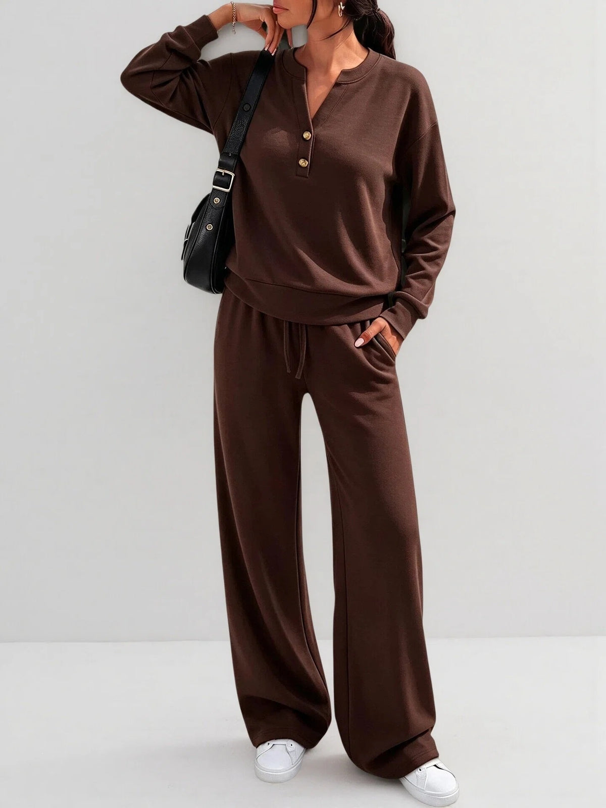 Women Loose Long-sleeve Top And Wide-leg Pants Casual Two-piece Set - Dark brown / L
