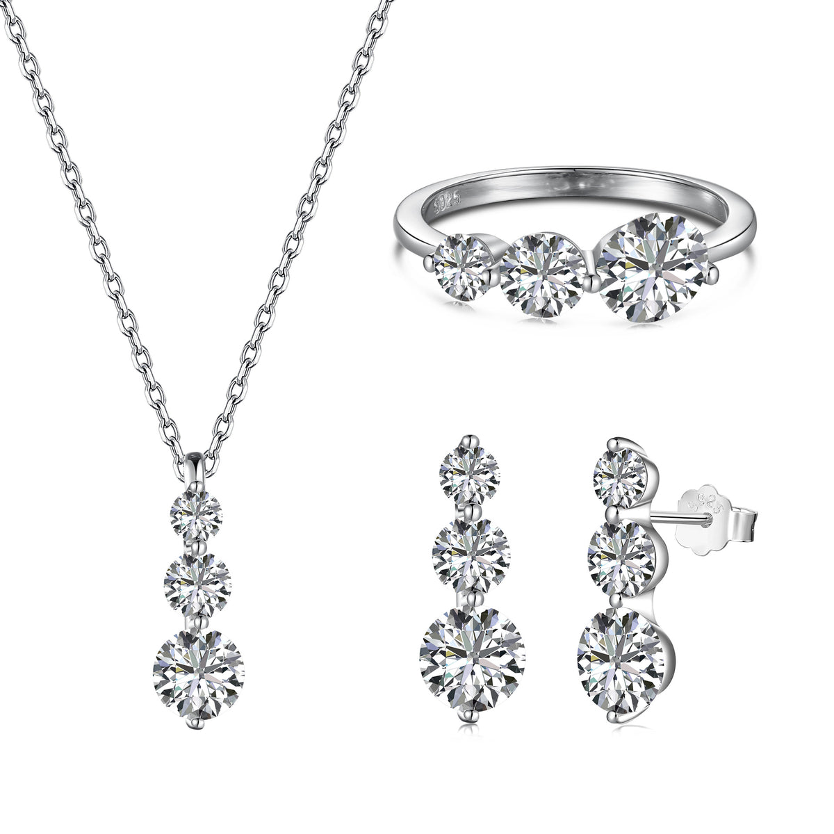 Sterling Silver Round Zircon Ring Necklace And Earring Set - DY190599 S W WH / 925 Silver