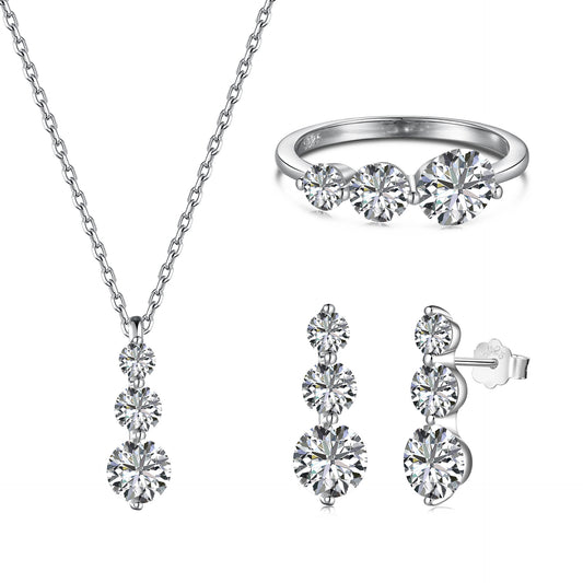 Sterling Silver Round Zircon Ring Necklace And Earring Set - DY190599 S W WH / 925 Silver