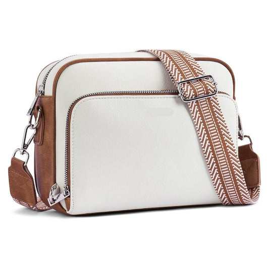 Women Vegan Leather Travel Strap Shoulder Purse With Built In Wallet - Beige