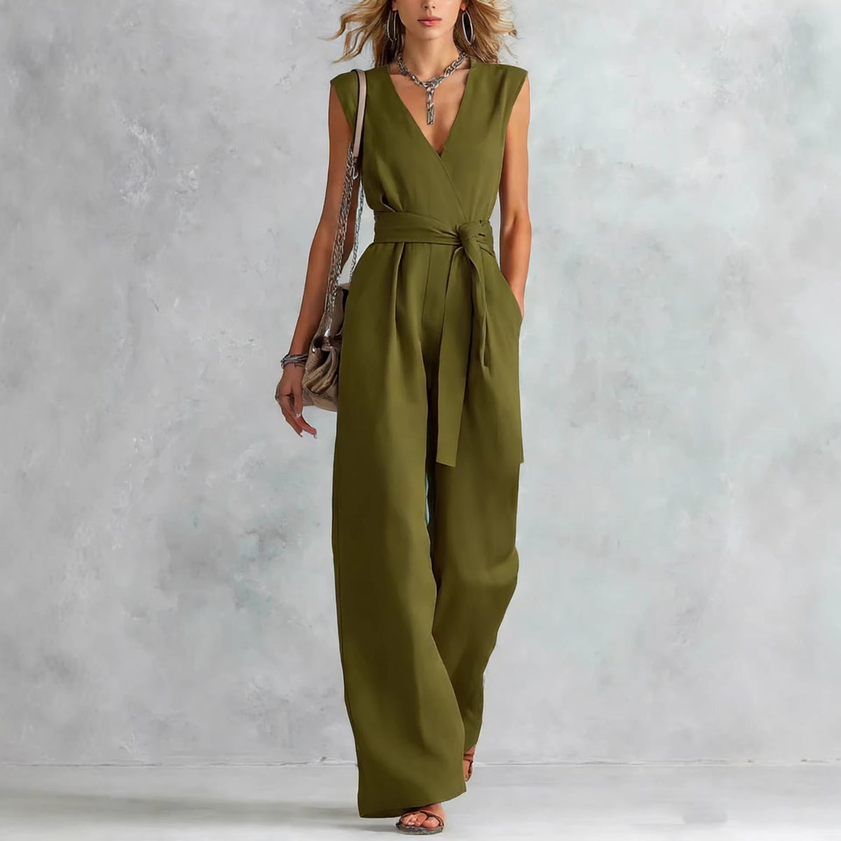 Women's Fashion New cross border V-Neck Wide-Leg Sleeveless Belted Women's Jumpsuit - Army green / 2XL