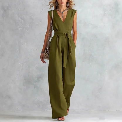 Women's Fashion New cross border V-Neck Wide-Leg Sleeveless Belted Women's Jumpsuit - Army green / 2XL