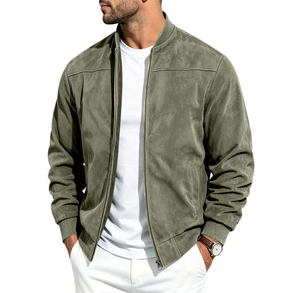 Suede Long-sleeve Zip-up Jacket - Army Green / 2XL