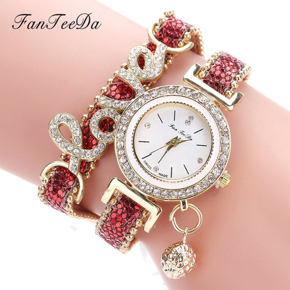 Women Bracelet Ladies Watch Diamond stones Clock Gift - Red