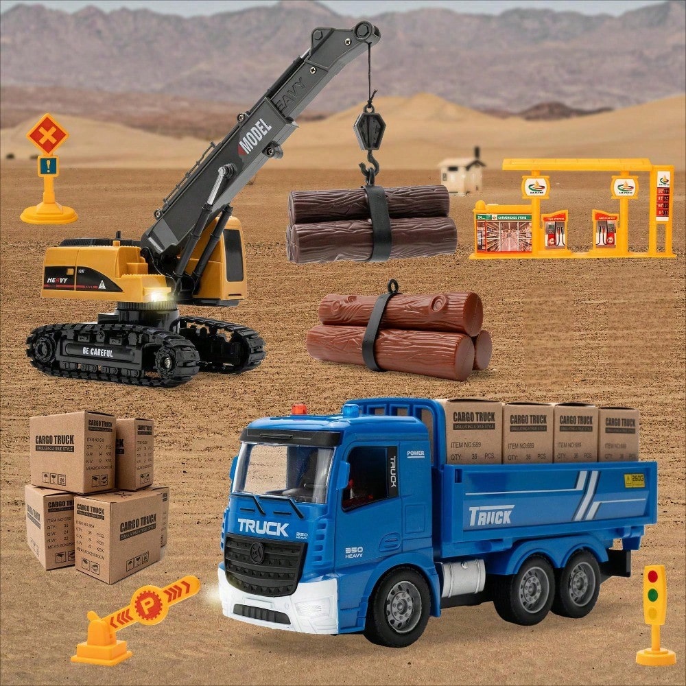 2-in-1 RC Crane and Timber Truck Set with LED Lights - 689 838A
