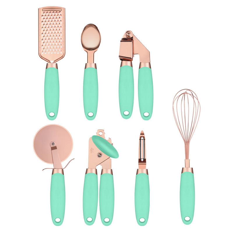 Rose Gold Stainless Steel Kitchen Tool Set - 7-Piece Set - Mint Green