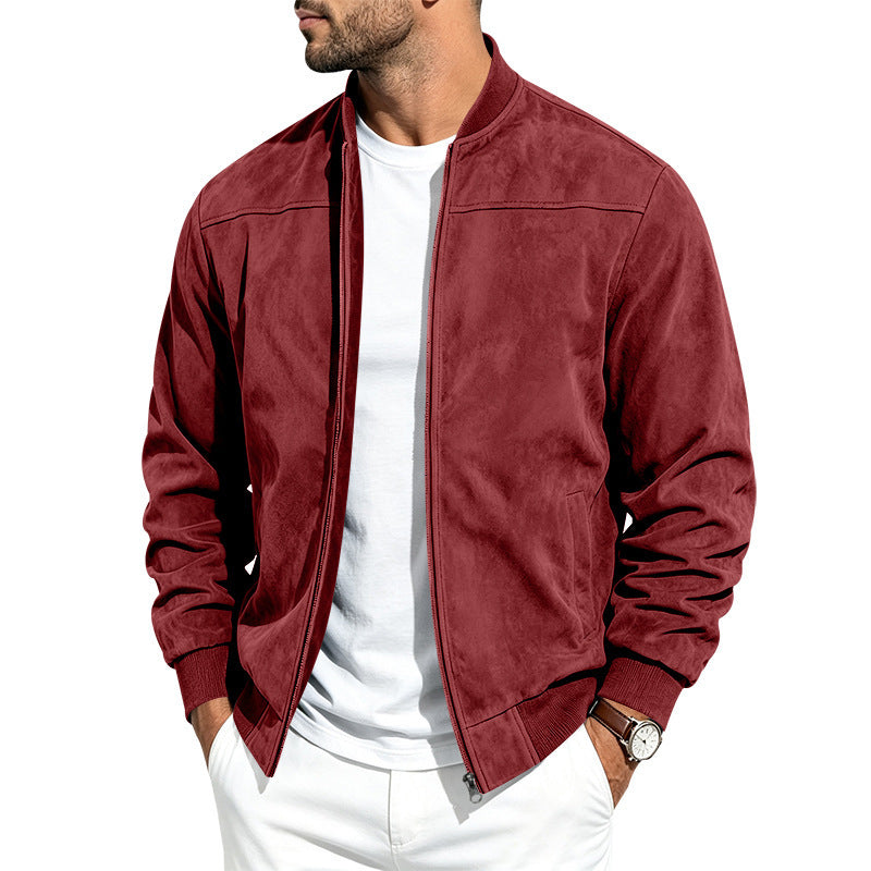 Suede Long-sleeve Zip-up Jacket - Red / 2XL