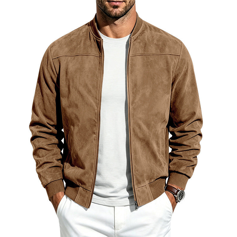 Suede Long-sleeve Zip-up Jacket - Army Green / 2XL