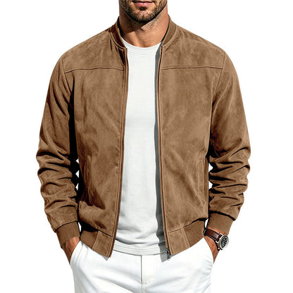 Suede Long-sleeve Zip-up Jacket - Army Green / 2XL