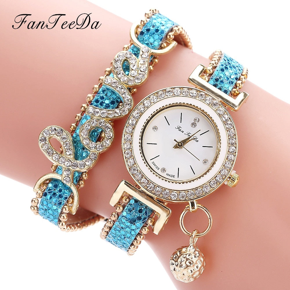 Women Bracelet Ladies Watch Diamond stones Clock Gift - Blue