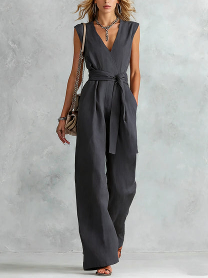 Women's Fashion New cross border V-Neck Wide-Leg Sleeveless Belted Women's Jumpsuit - Dark gray / 2XL