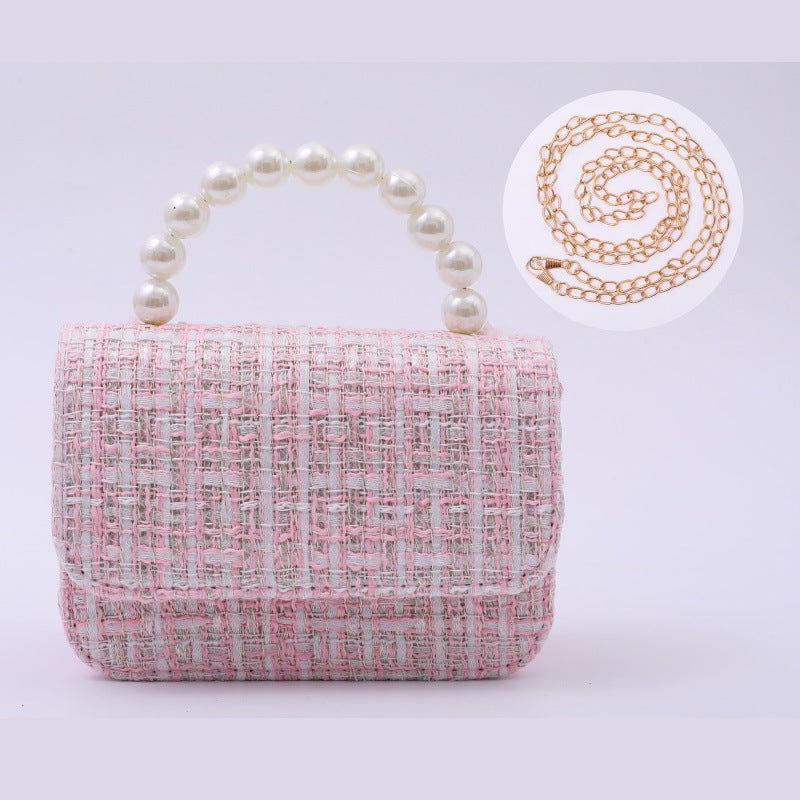 Linen Pearl-Handled Tote Bag for Kids - PU Cotton Geometric - Light Pink