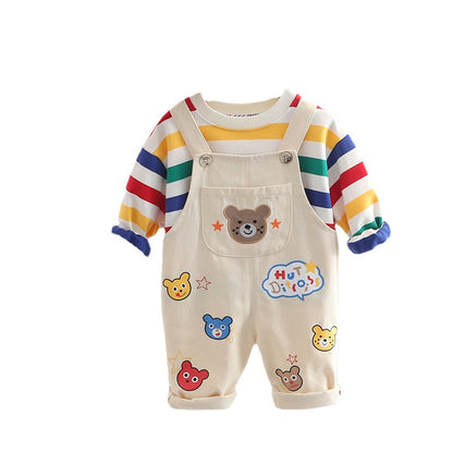 Boys' Plaid Shirt and Overalls 2-Piece Cotton Suit Set - Beige / 100cm