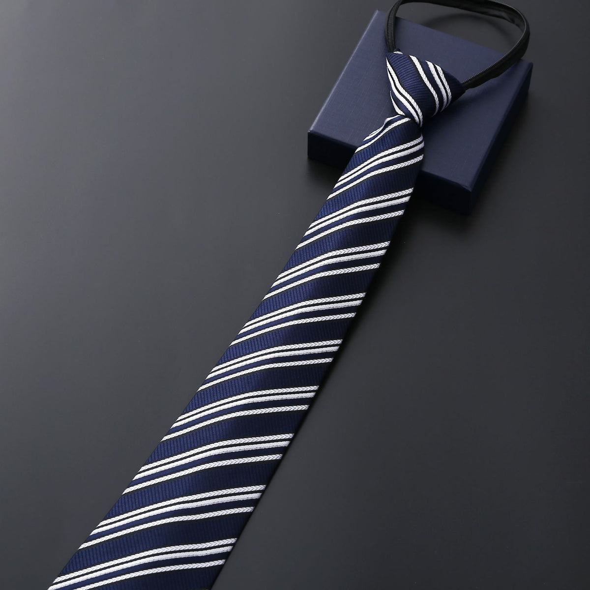 Mens Business Formal Zipper Tie With Blue Stripes - Black Rough Pattern