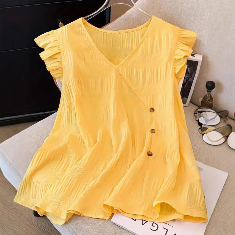 Solid-color V-neck Ruffled Short-sleeve Women T-shirt - White / 1XL