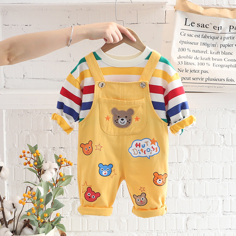 Boys' Plaid Shirt and Overalls 2-Piece Cotton Suit Set - Beige / 100cm