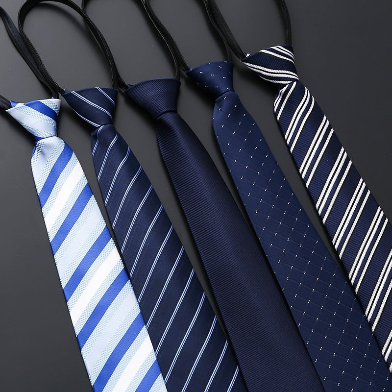 Mens Business Formal Zipper Tie With Blue Stripes - Black Rough Pattern