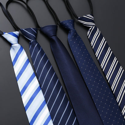 Mens Business Formal Zipper Tie With Blue Stripes - Black Rough Pattern