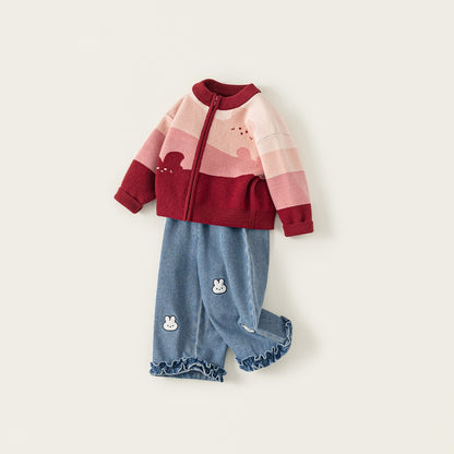 cute Cartoon Girls Sweater Jeans Set - Denim Blue CK16049 / 100