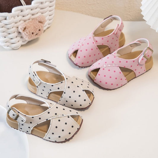 Kids Polka Dot Summer Roman Sandals | Soft Sole Flats - Beige / 23