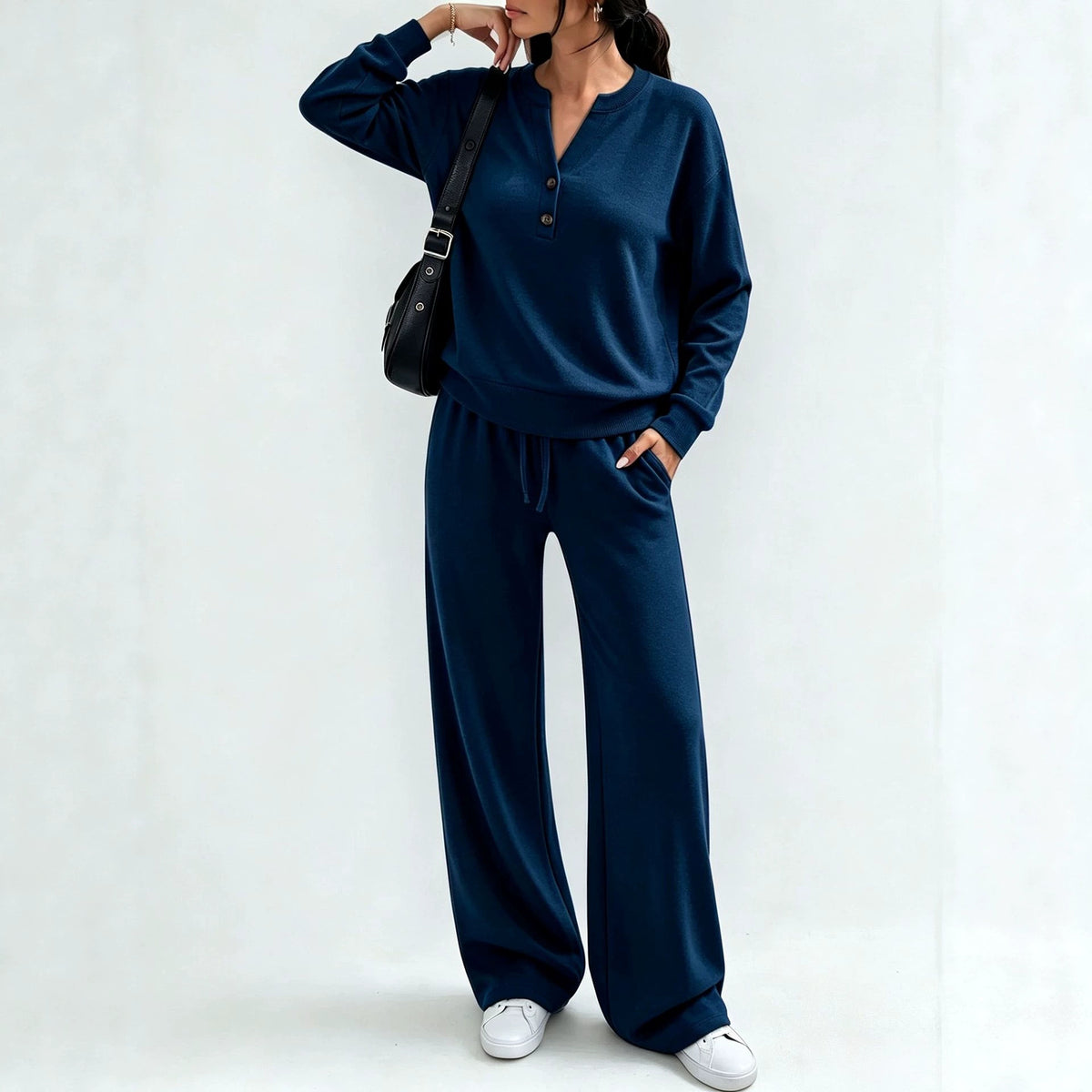 Women Loose Long-sleeve Top And Wide-leg Pants Casual Two-piece Set - Navy blue / L
