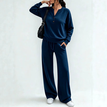 Women Loose Long-sleeve Top And Wide-leg Pants Casual Two-piece Set - Navy blue / L