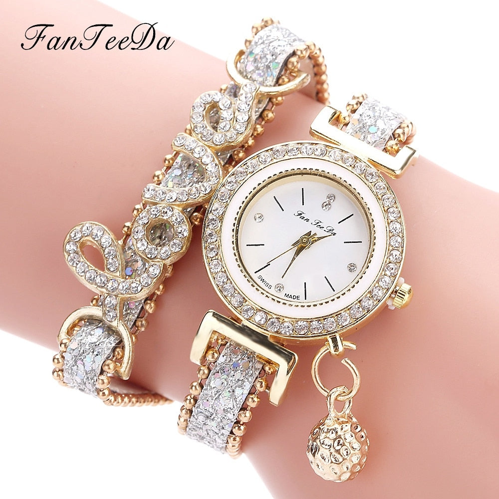 Women Bracelet Ladies Watch Diamond stones Clock Gift - Silver