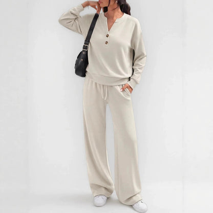 Women Loose Long-sleeve Top And Wide-leg Pants Casual Two-piece Set - Apricot color / L