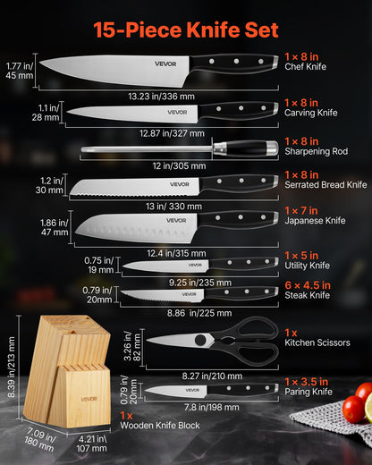 15-Piece High Carbon Stainless Steel kitchen Knife Set - Natural wood color