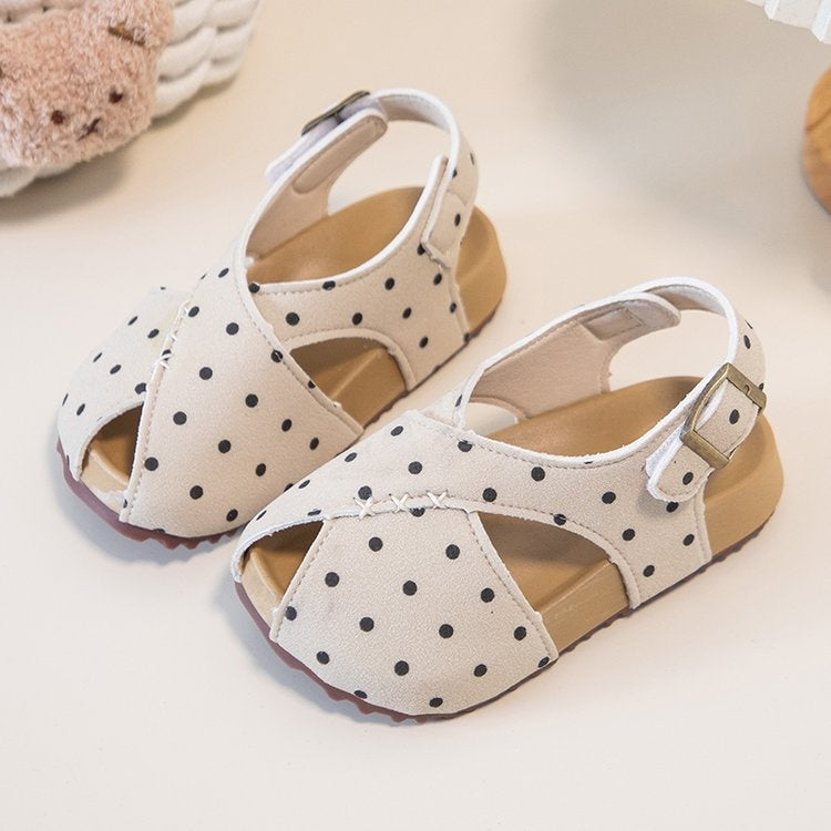 Kids Polka Dot Summer Roman Sandals | Soft Sole Flats - Beige / 23
