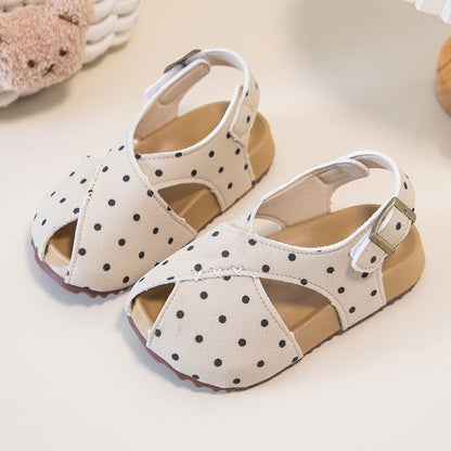Kids Polka Dot Summer Roman Sandals | Soft Sole Flats - Beige / 23
